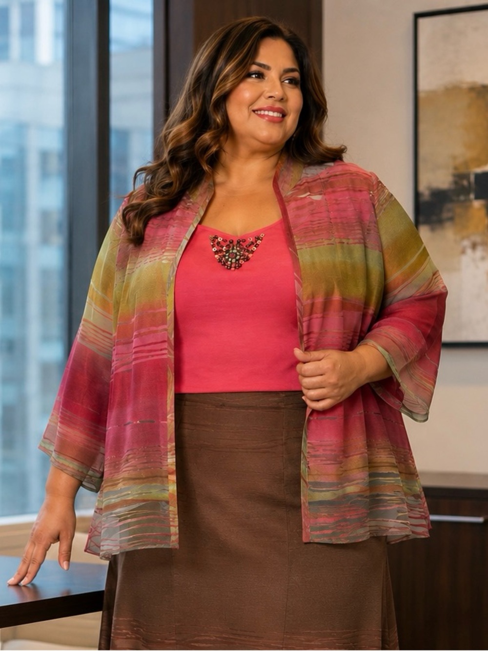 Coldwater Creek Pink and Olive Striped Open-Front Cardigan’s with Beaded Tank